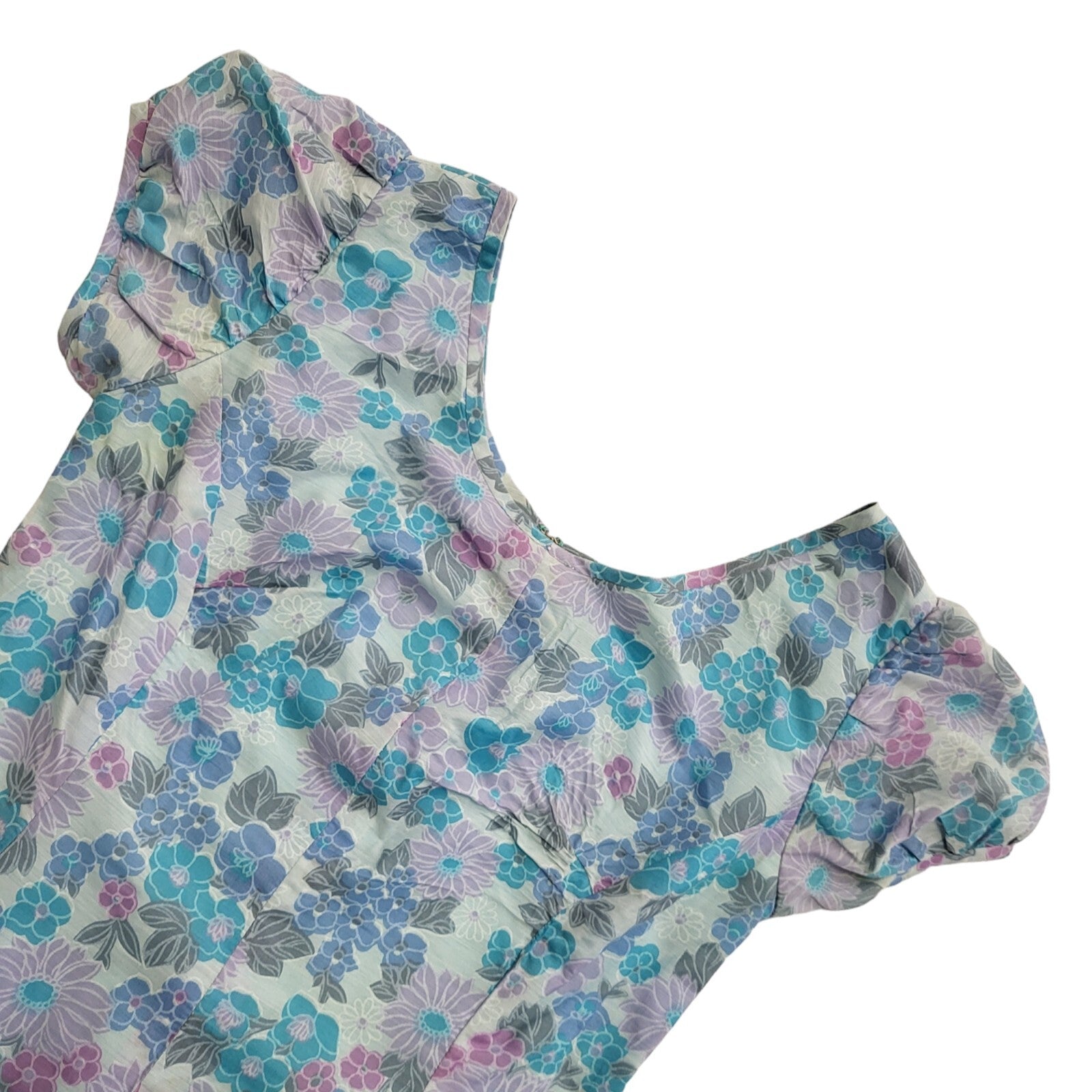 Vintage 70s Blue Purple Floral Short Sleeve A-Line Dress Uk Women's Size 10