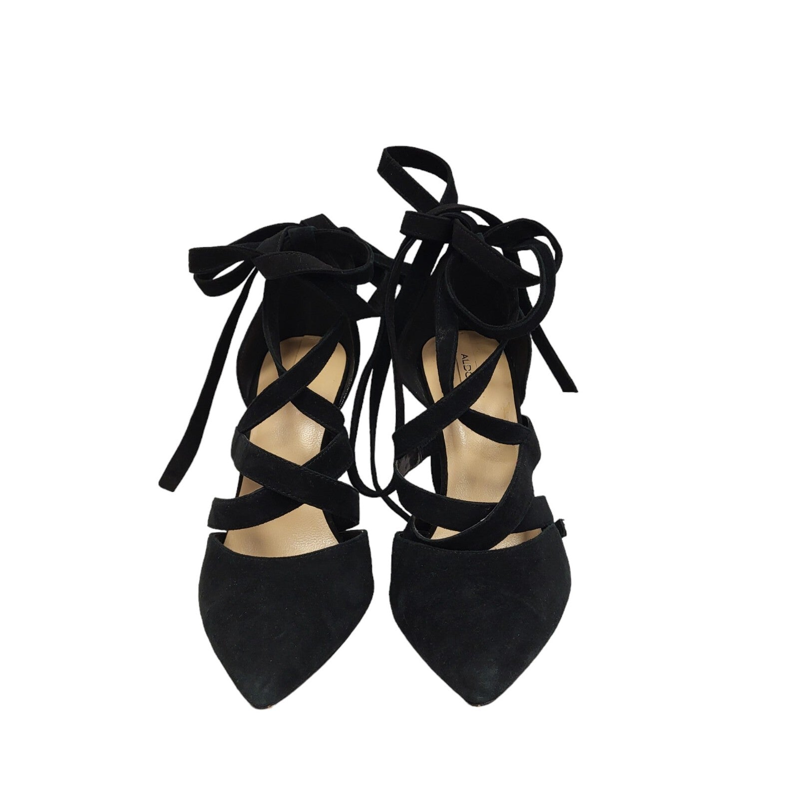 Aldo Black Faux Suede Strappy Heels Shoes Uk Women's Size 5.5