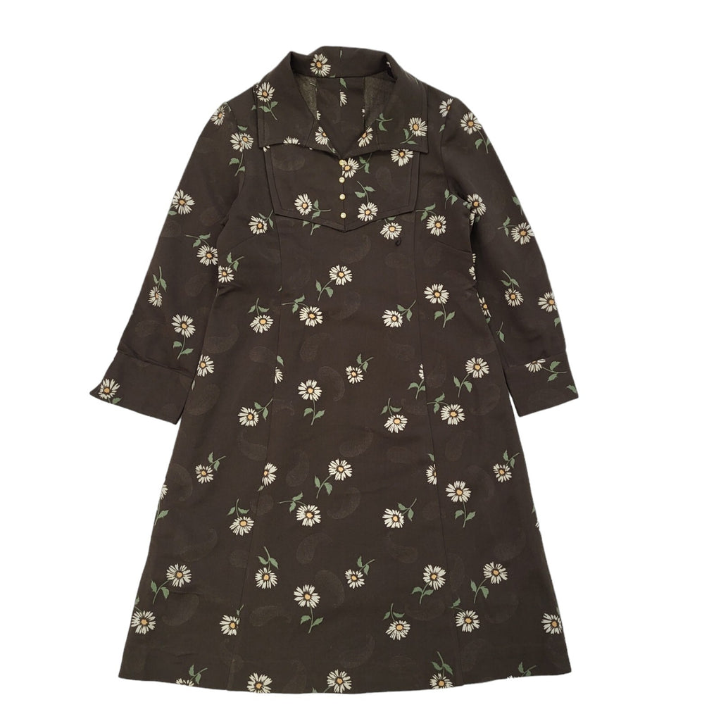 70s Vintage Brown & White Daisy Collared Shift Dress Women's 8