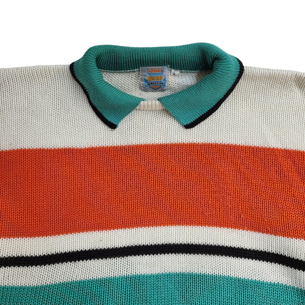 Best Direction Vintage 90's White Green Collared Jumper UK Men's Size L