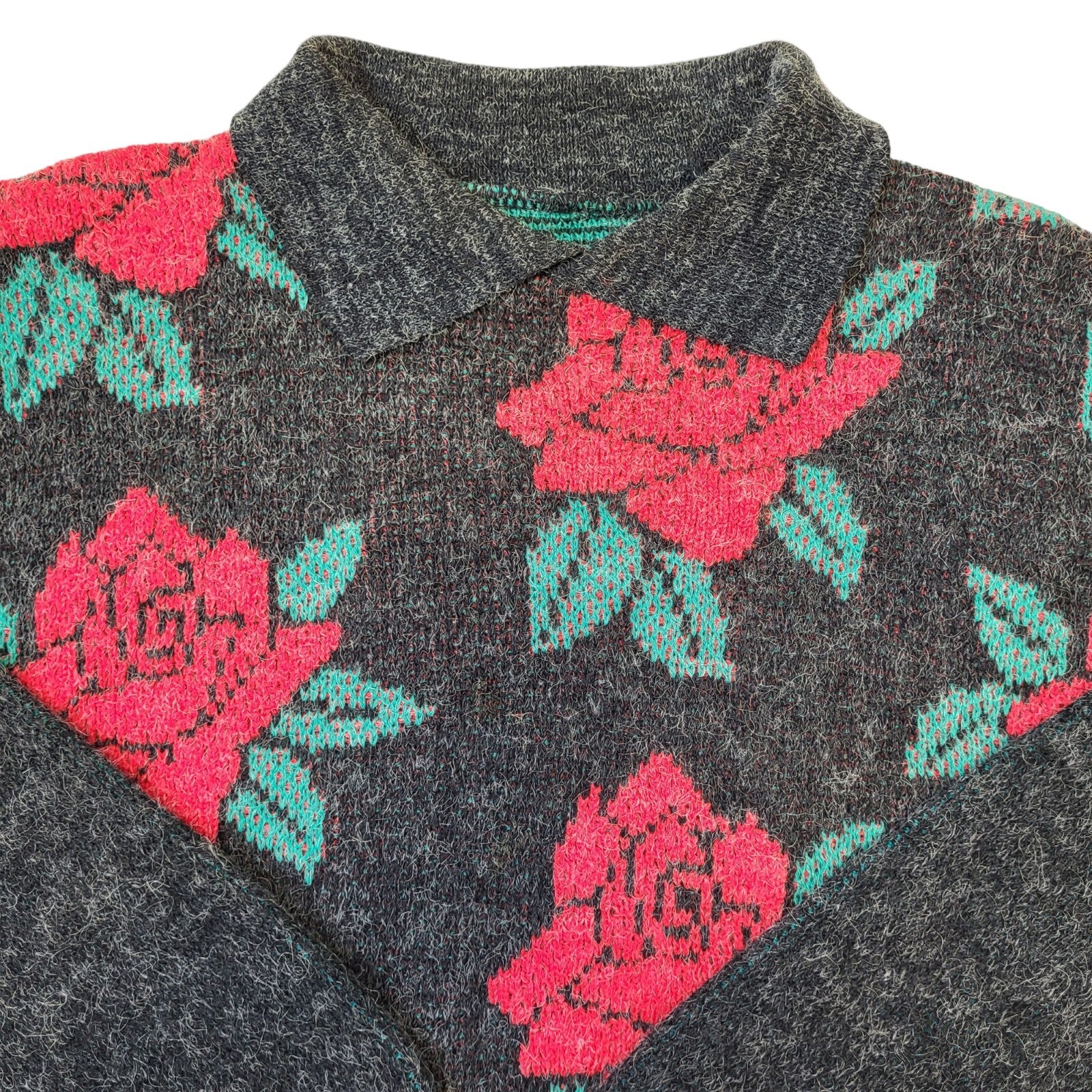 80s Vintage Grey, Red & Green Collared Floral Jumper Women's Size 16 Eu 44