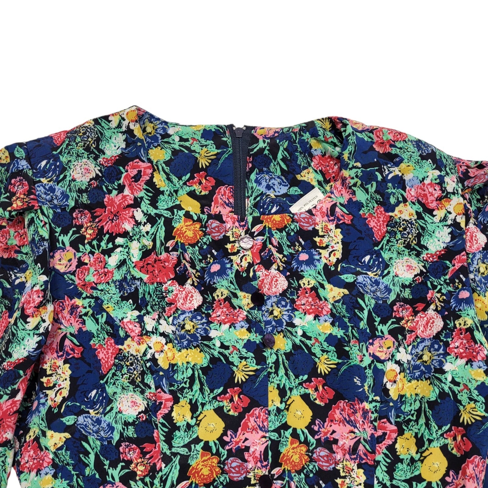 Vintage 80s Blue Pink Floral 3/4 Sleeve A-Line Dress Uk Women's Size 10