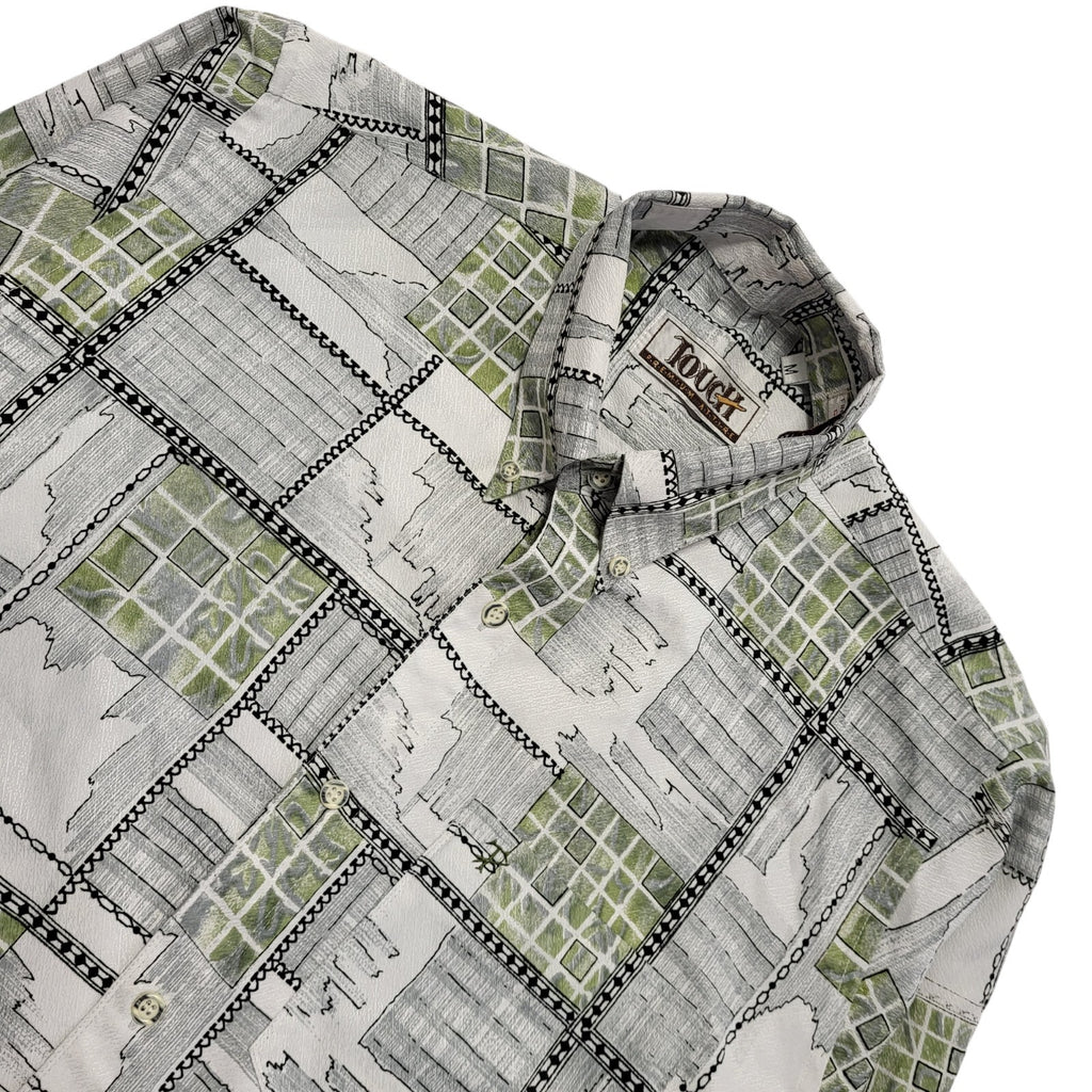 Touch 90s White & Green Abstract Long Sleeve Shirt Uk Men's Size Large