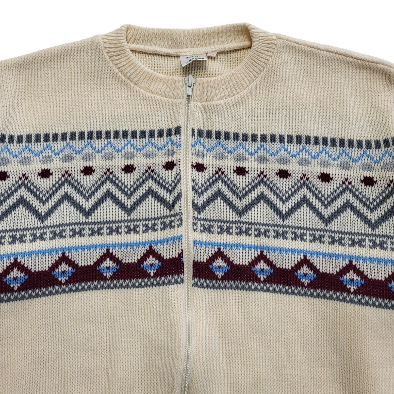 80s Vintage Cream & Brown Zipped Cardigan Uk Women's Size Large