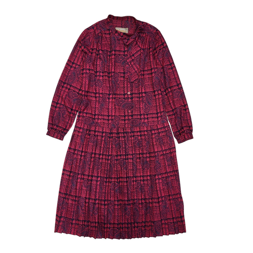 Lazarus Of London 80s Vintage Pink Paisley Bow Neck Pleated Dress Women's 16