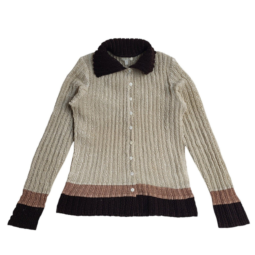 Un Deux Trois Vintage 80s Beige & Brown Crinkled Cardigan UK Women's Size M