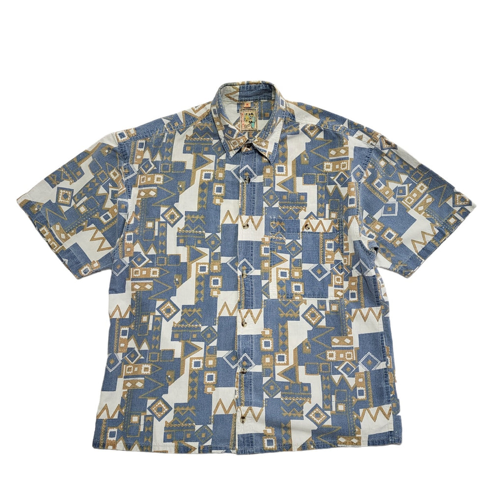 Fashion 90s Blue White Abstract Short Sleeve Retro Shirt Uk Men's Size M