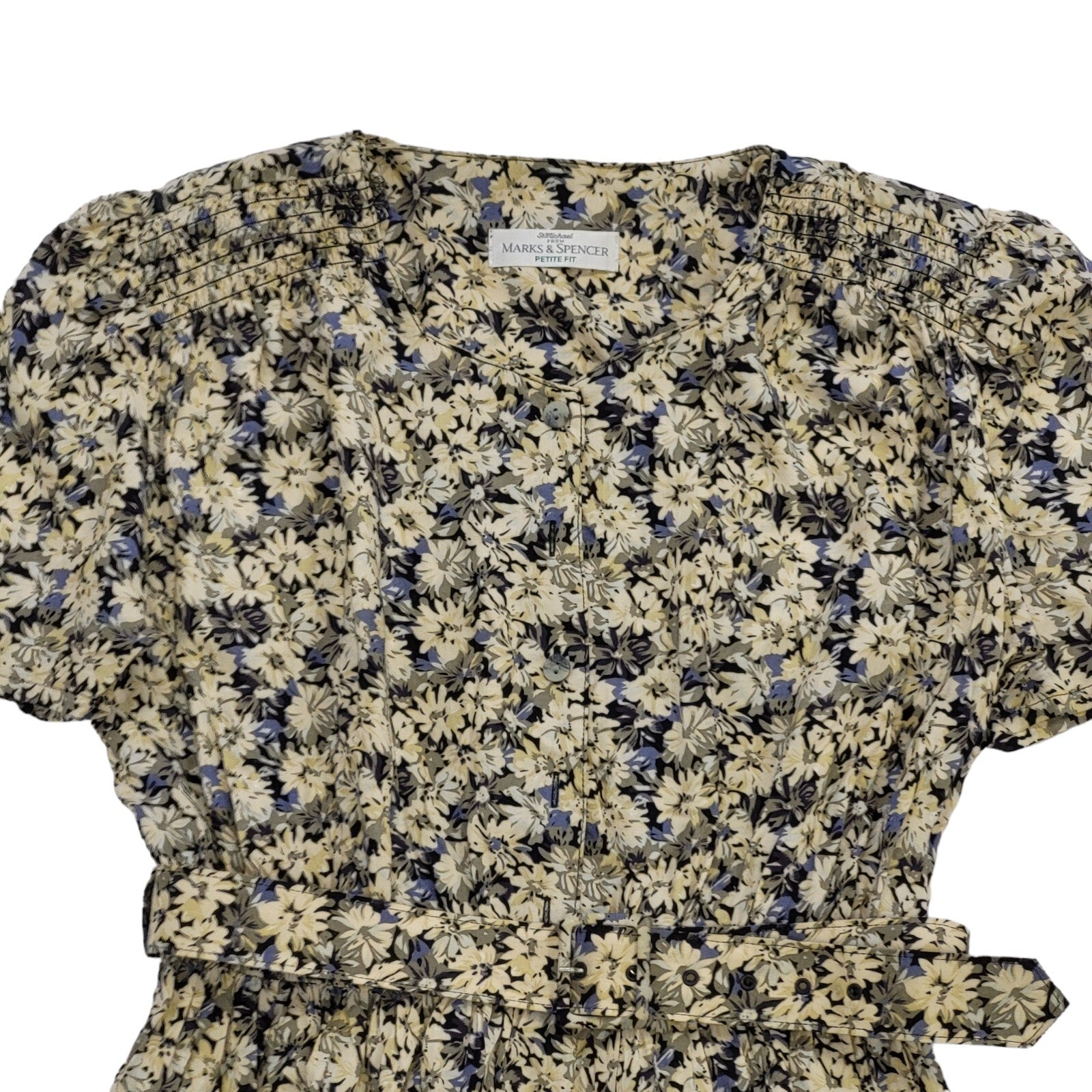 90s Vintage M&S Beige & Blue Floral Daywear Dress Women's Size 10/12