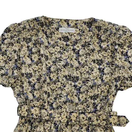 90s Vintage M&S Beige & Blue Floral Daywear Dress Women's Size 10/12