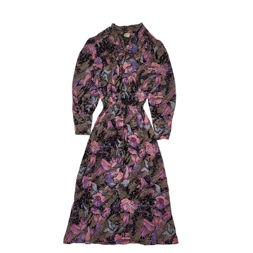 80s Vintage French Purple Floral Bow Neck Dress Women's 6/8