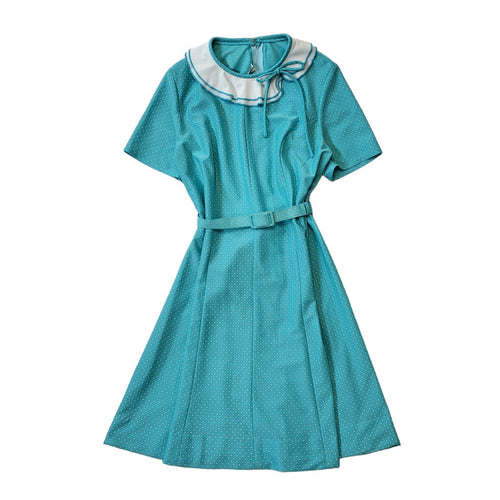 70s Vintage Blue & White Polka Dot Belted Dress Women's Size 14 Eu 42
