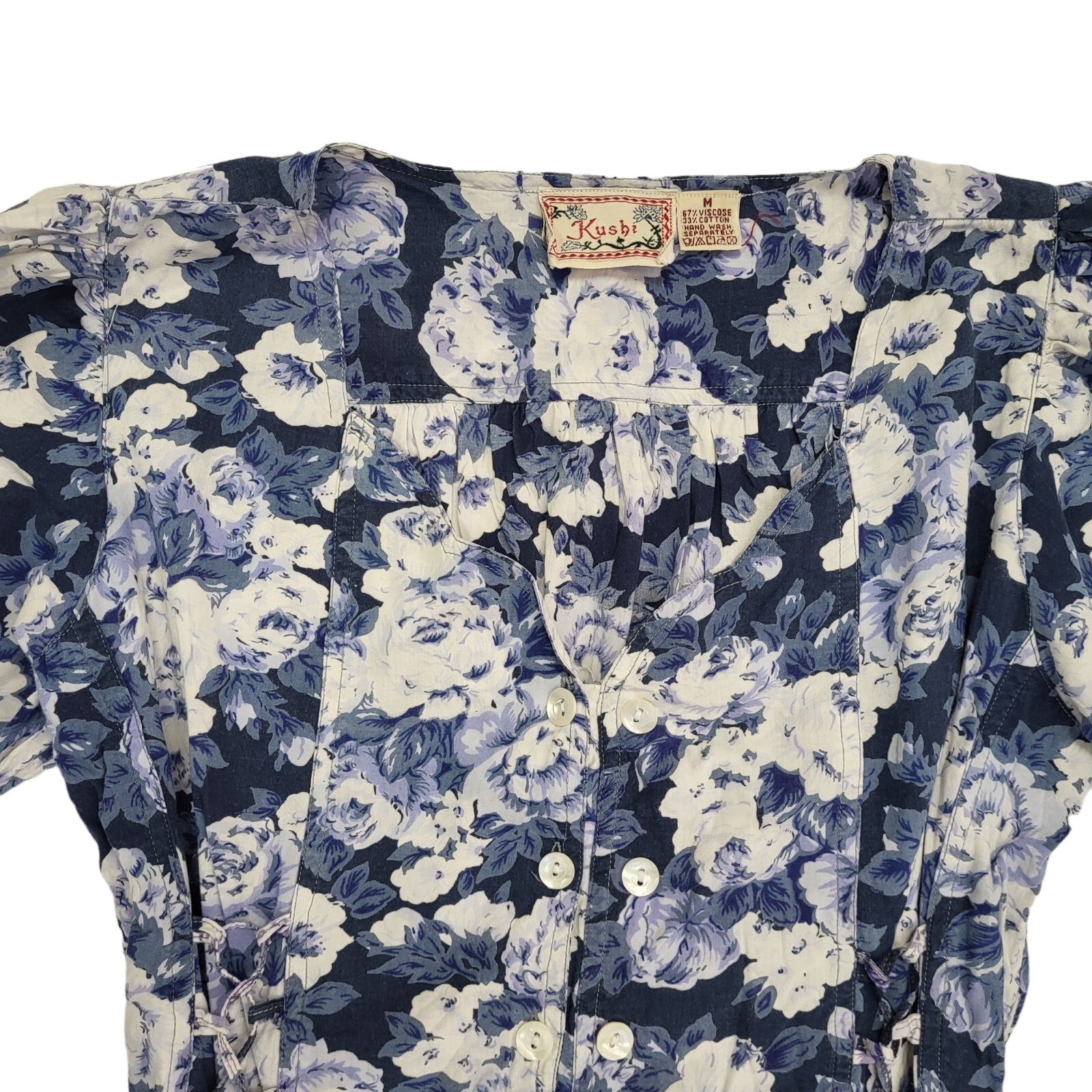 Kushi 90s Vintage Blue Floral Print Daywear Dress Women's Size M 10