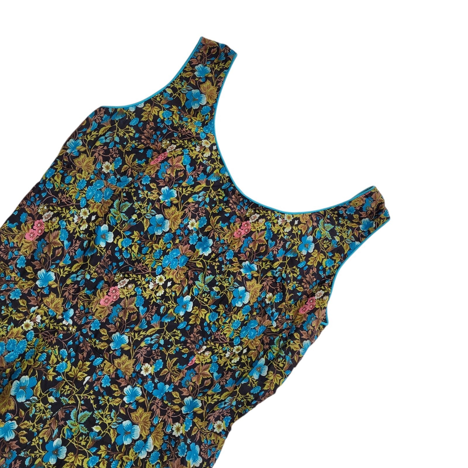 Vintage 80s Green & Blue Floral Sleeveless Daywear Dress Uk Women's Size 10