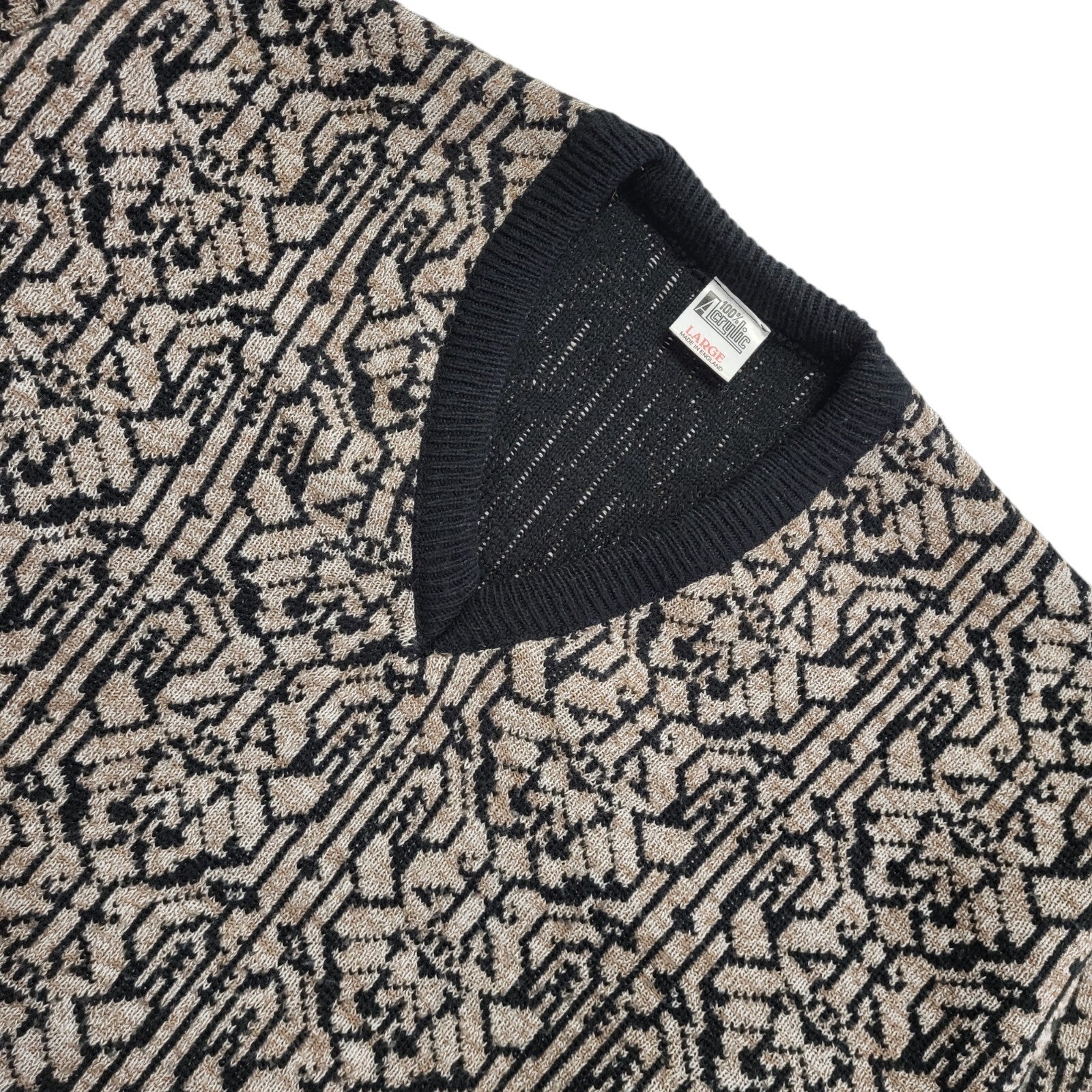 Vintage 90's Brown & Black Retro Abstract V-Neck Jumper Mens UK L
