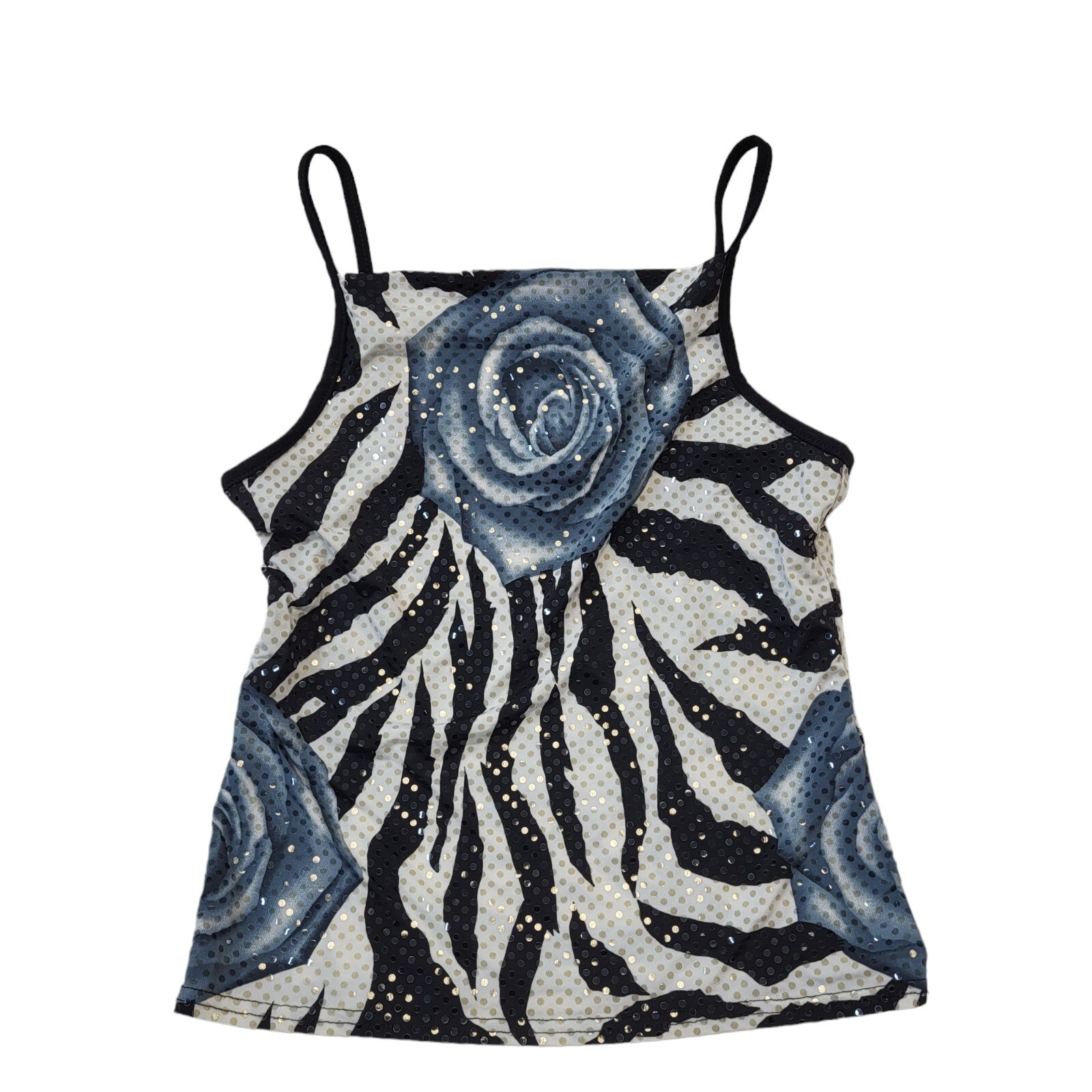 90s Vintage Black & White Floral Sequin Strap Vest Party Top Women's UK Size 10