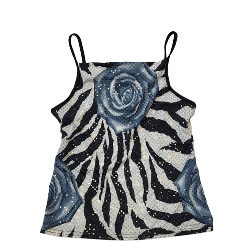 90s Vintage Black & White Floral Sequin Strap Vest Party Top Women's UK Size 10