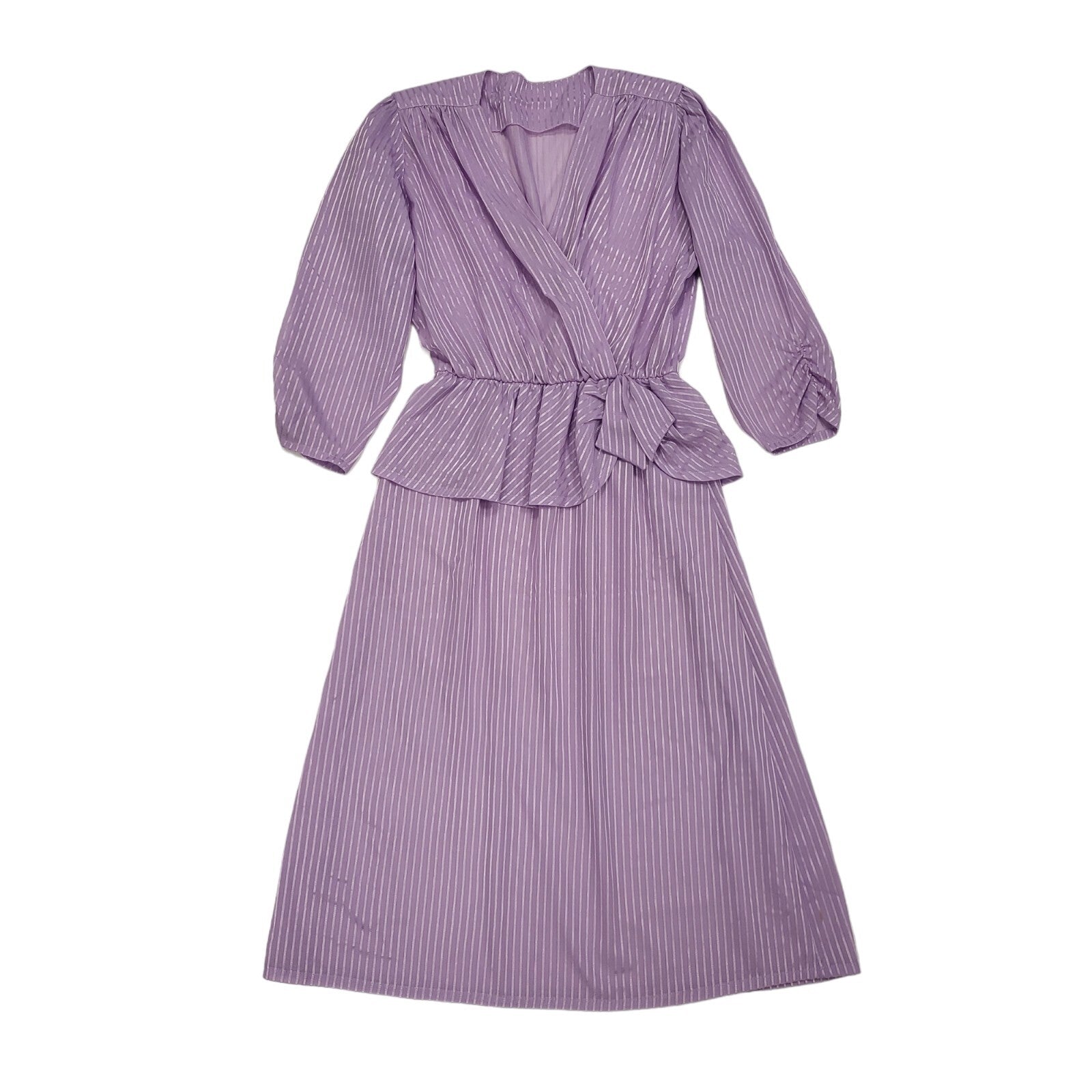 80s Vintage Lilac Striped V-Neck Peplum Evening Dress Women's 10