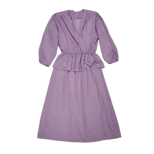80s Vintage Lilac Striped V-Neck Peplum Evening Dress Women's 10