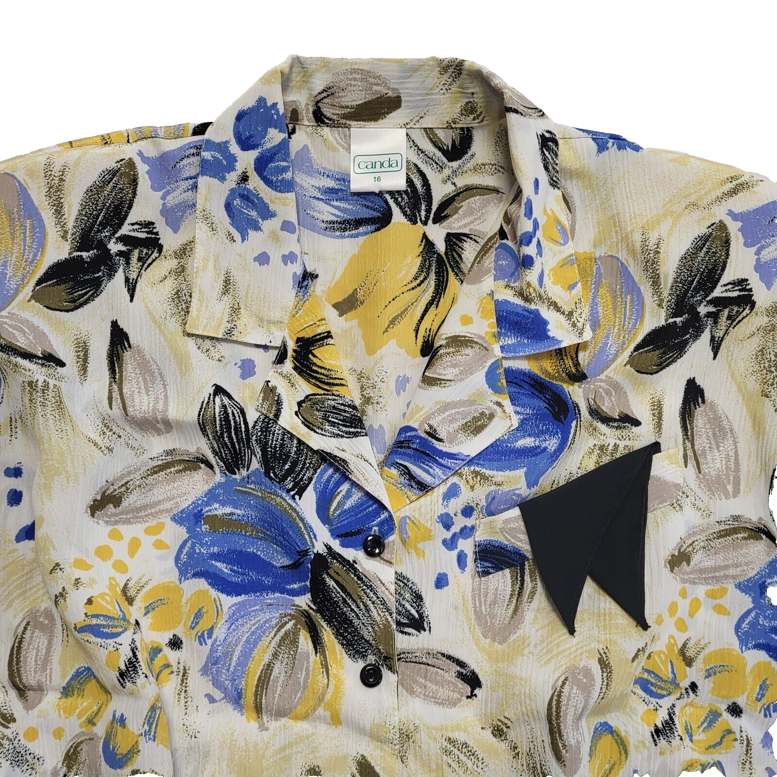 Canda Vintage 70-80s Floral Blue Capped Sleeve Shirt blouse Women's Uk 16