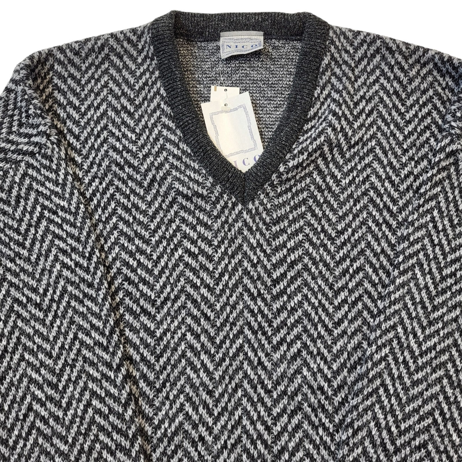 Nico 90s Vintage Grey Herringbone V-Neck Acrylic Men's Size L BNWT