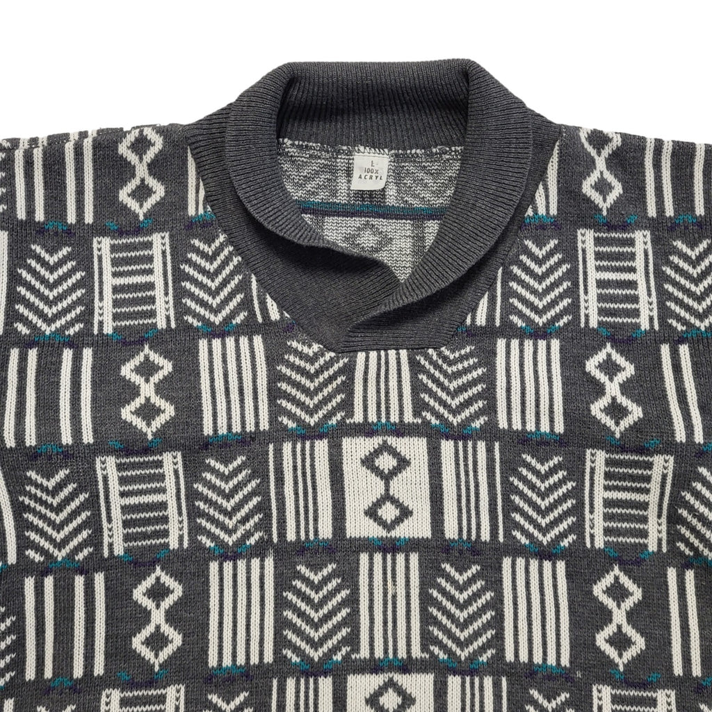 Vintage 80s Grey & White Geometric Collared Jumper Men's UK Large