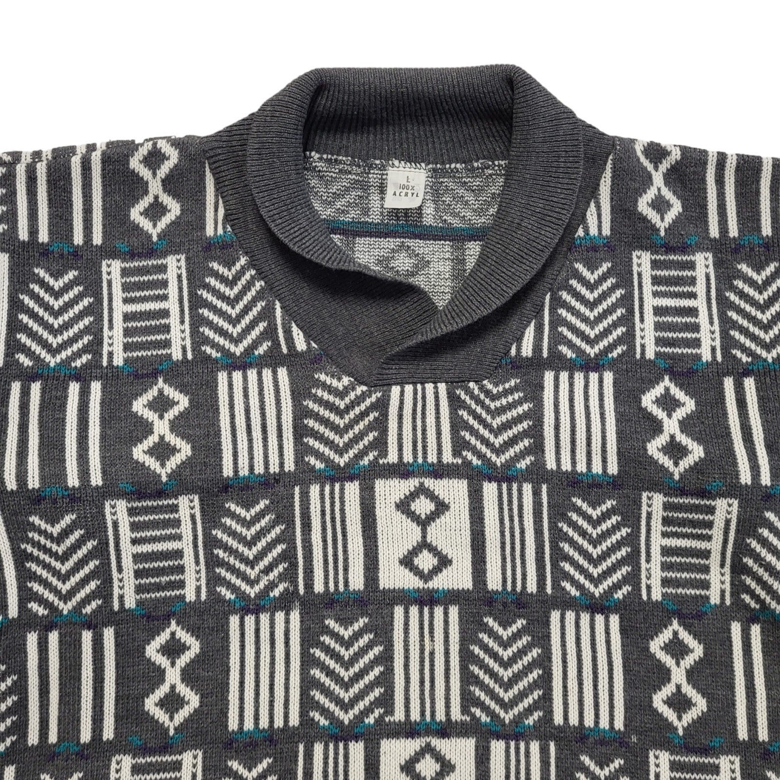 Vintage 80s Grey & White Geometric Collared Jumper Men's UK Large