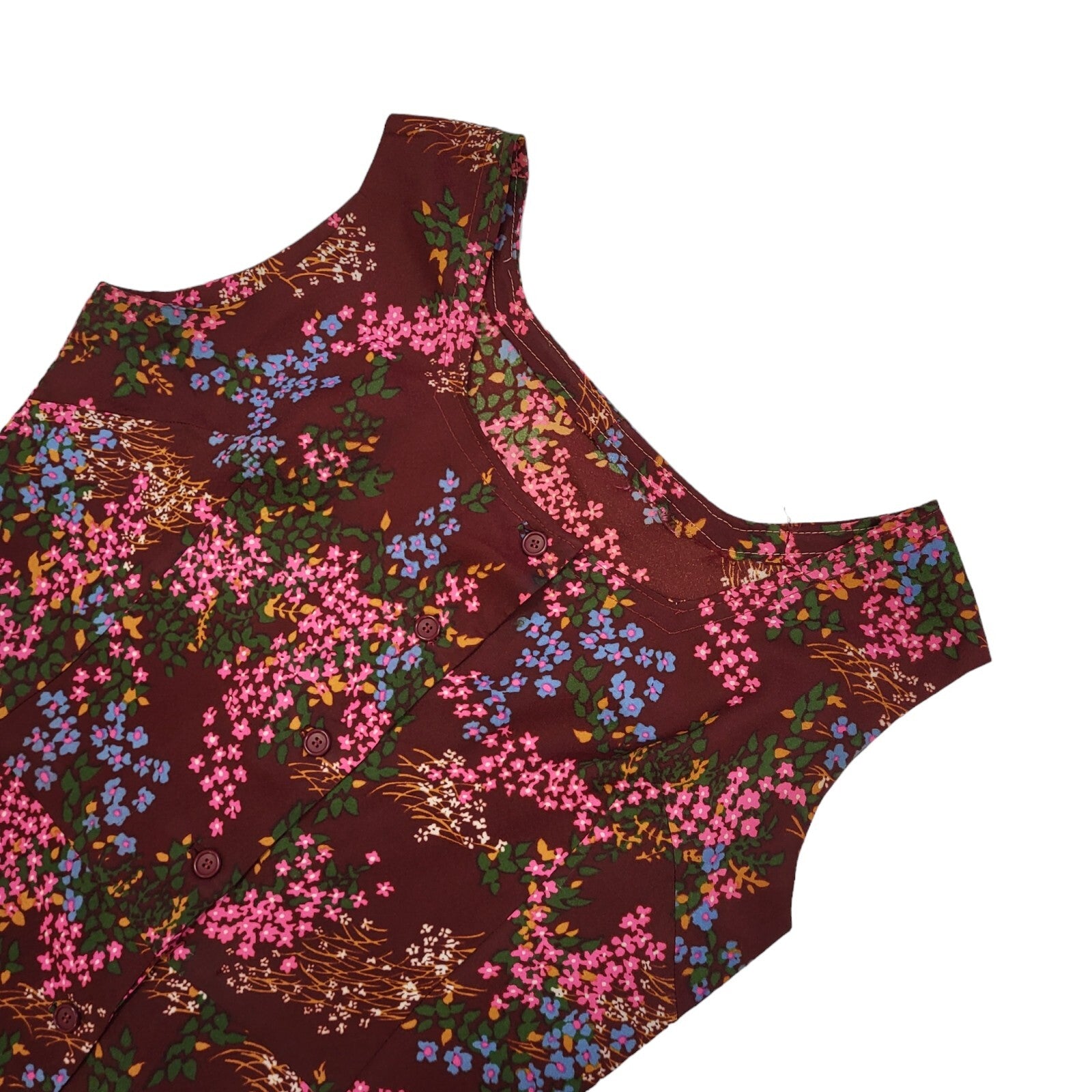 60s Vintage Burgundy, Pink & Lilac Floral Daywear Dress Women's Size 12/14