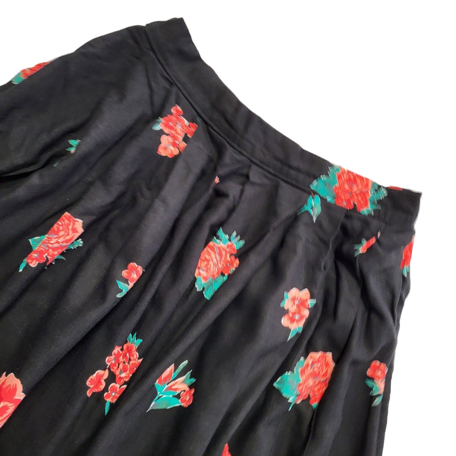 St Michael Vintage 80's Black & Red Floral Midi Skirt Womens UK Size 10 W26