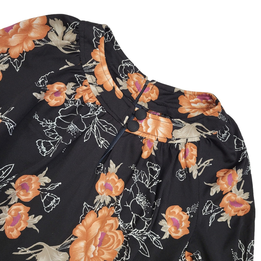 70s Vintage Black Floral Belted Balloon Sleeve A-Line Dress Women's 12