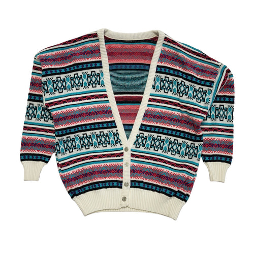 80s Vintage White Pink Blue Button Cardigan Uk Women's Size 14-16