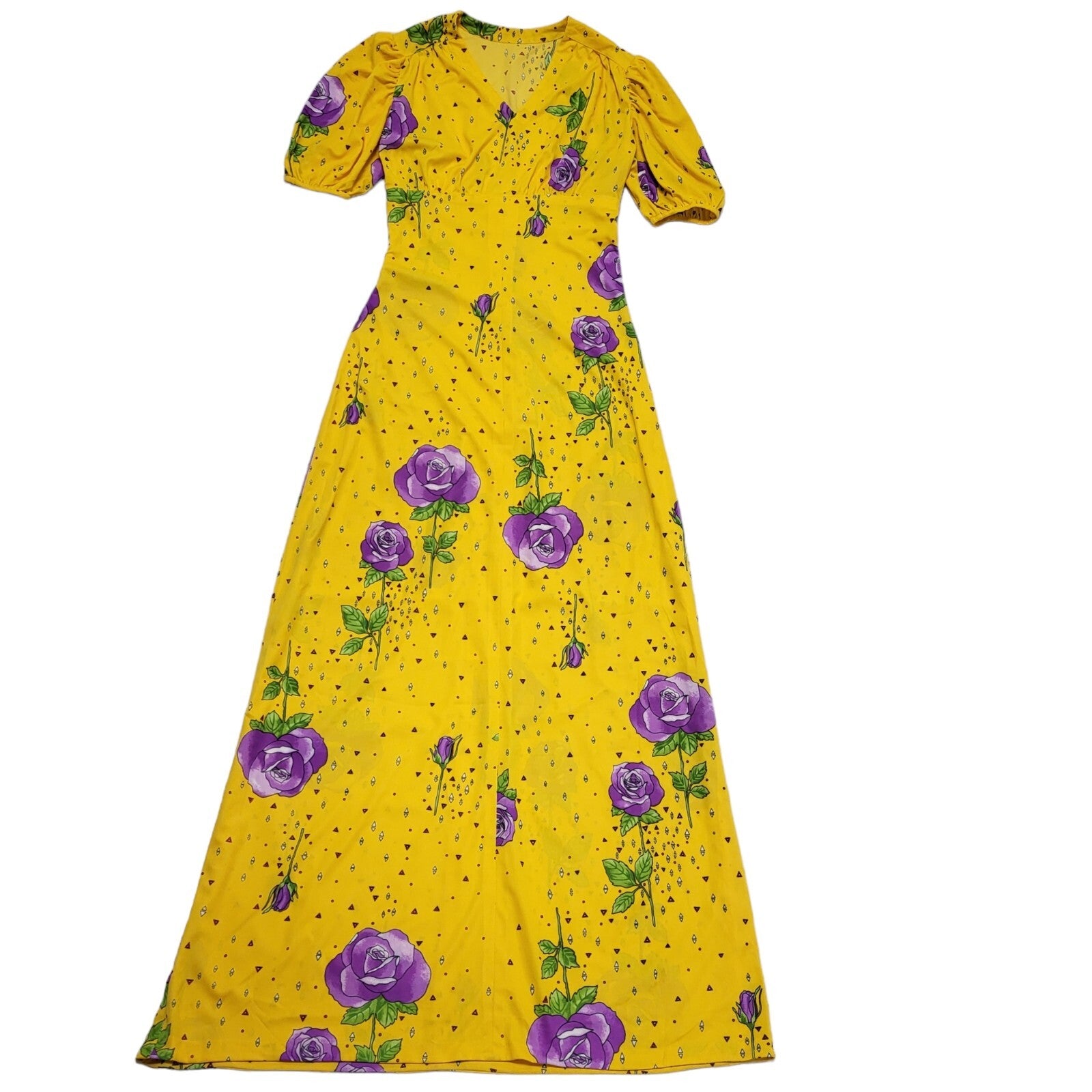 70s Vintage Yellow Purple Rose Short Sleeve A-Line Maxi Dress Women's Size 8