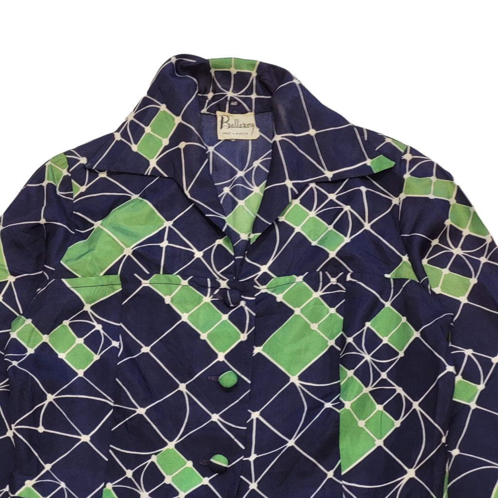 70s Vintage Belleroy Blue & Green Buttoned Daywear Dress Women's Size 12