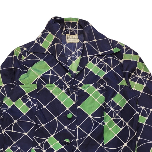 70s Vintage Belleroy Blue & Green Buttoned Daywear Dress Women's Size 12