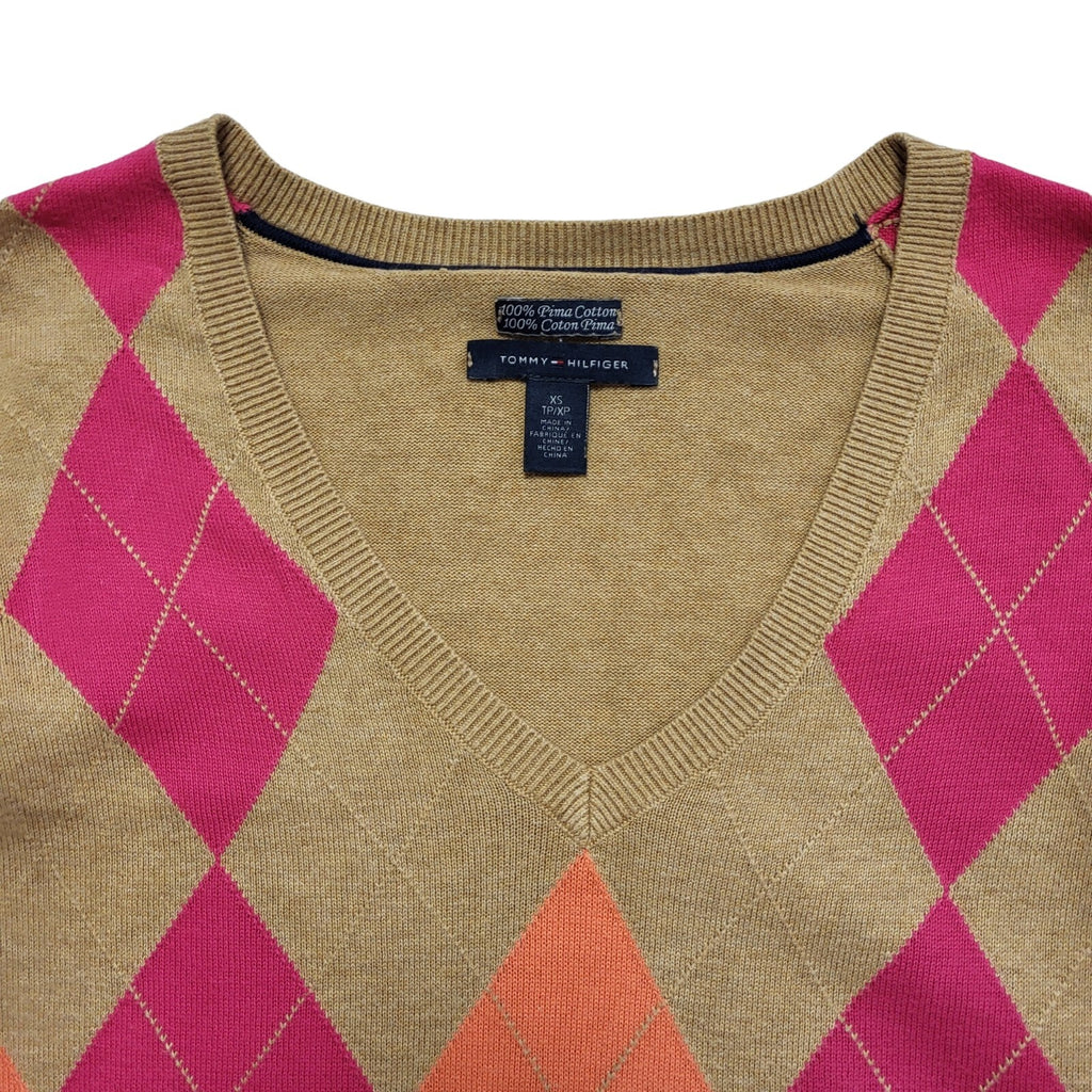 Tommy Hilfiger Y2k Brown Pink V-Neck Thin Knit Jumper Uk Women's Size XS