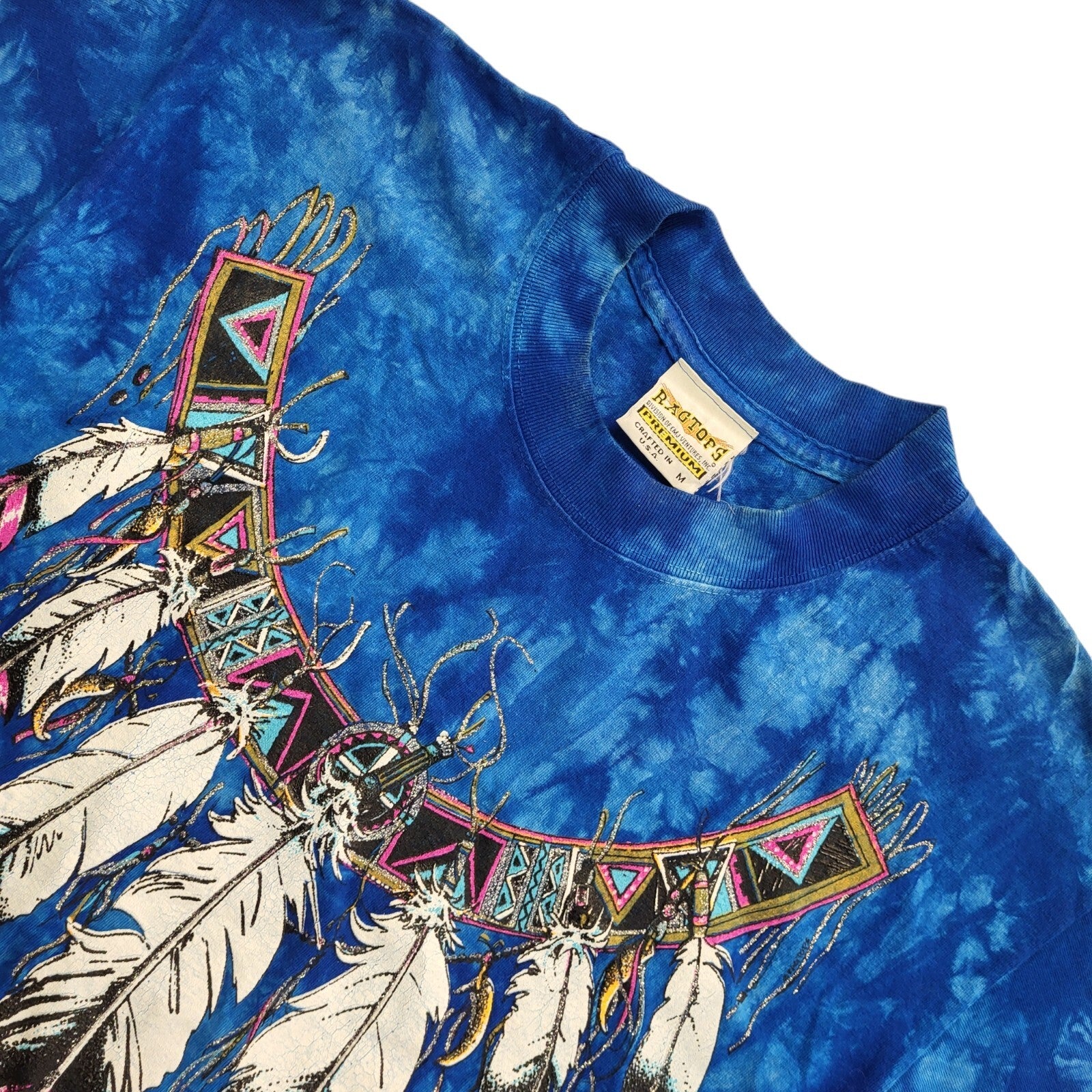 Ragtops Vintage 90's Blue Feather Print Tee Short Sleeve Womens Size Medium