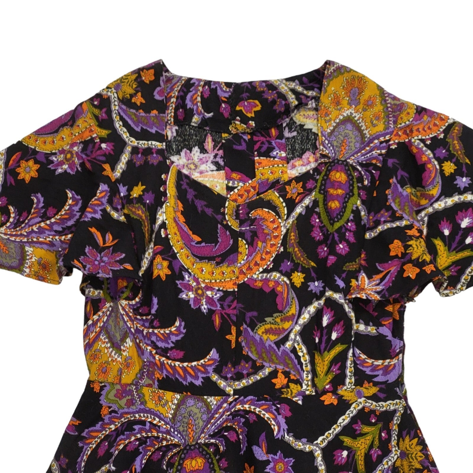 70s Vintage Black & Purple Short Flutter Sleeve Mini Dress Women's Size 10