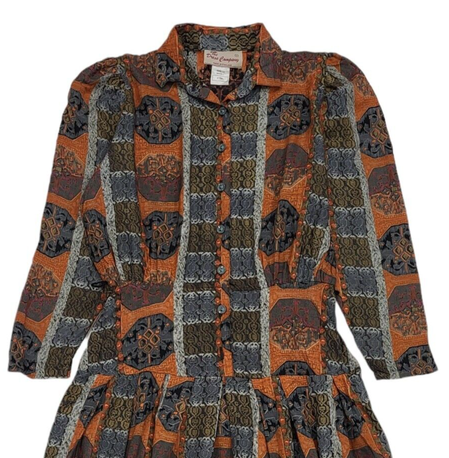 80s Vintage The Dress Company Brown & Grey Patterned Collared Dress Women's 12