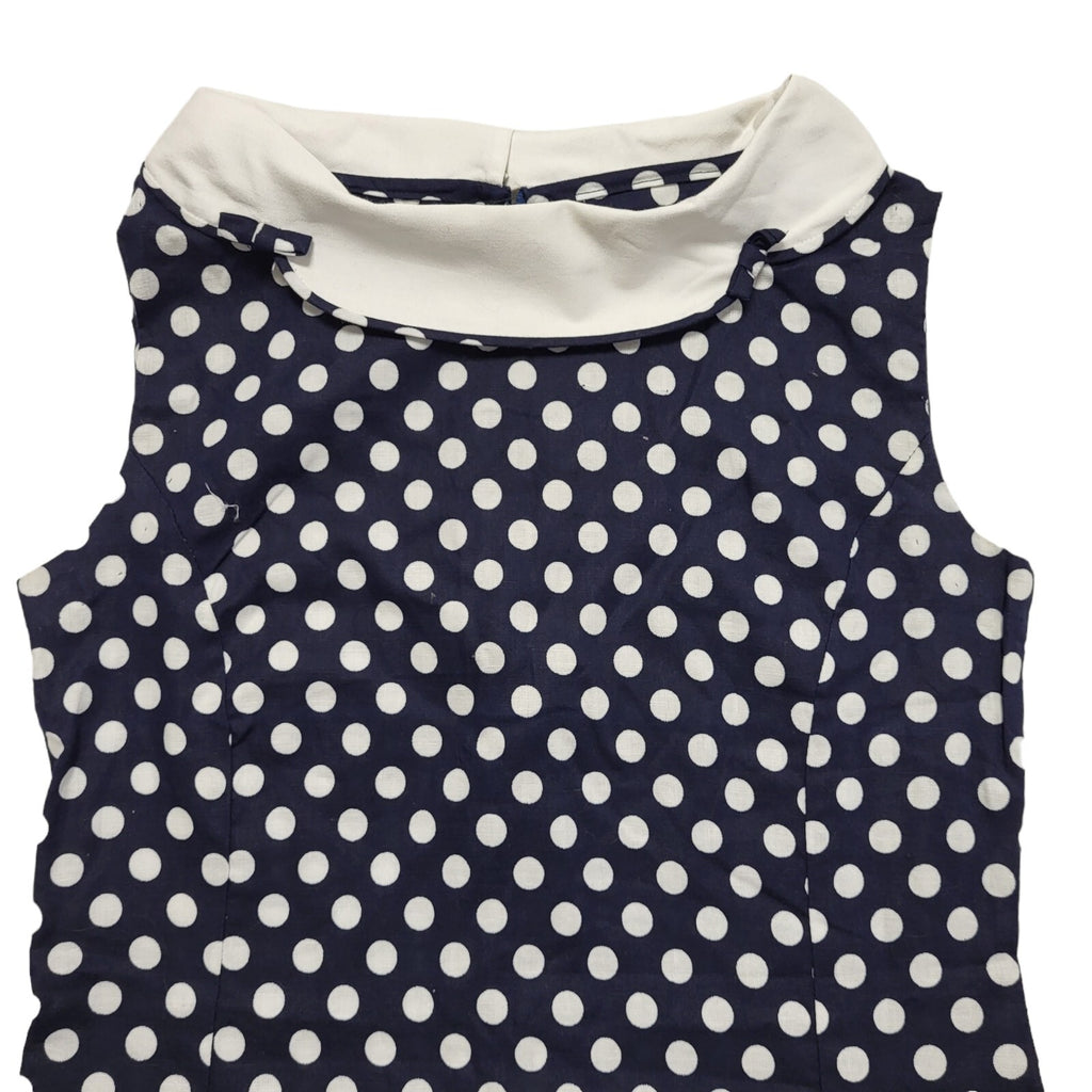 Vintage 80s Blue & White Polka Dot Sleeveless Bodycon Dress Uk Women's Size 12