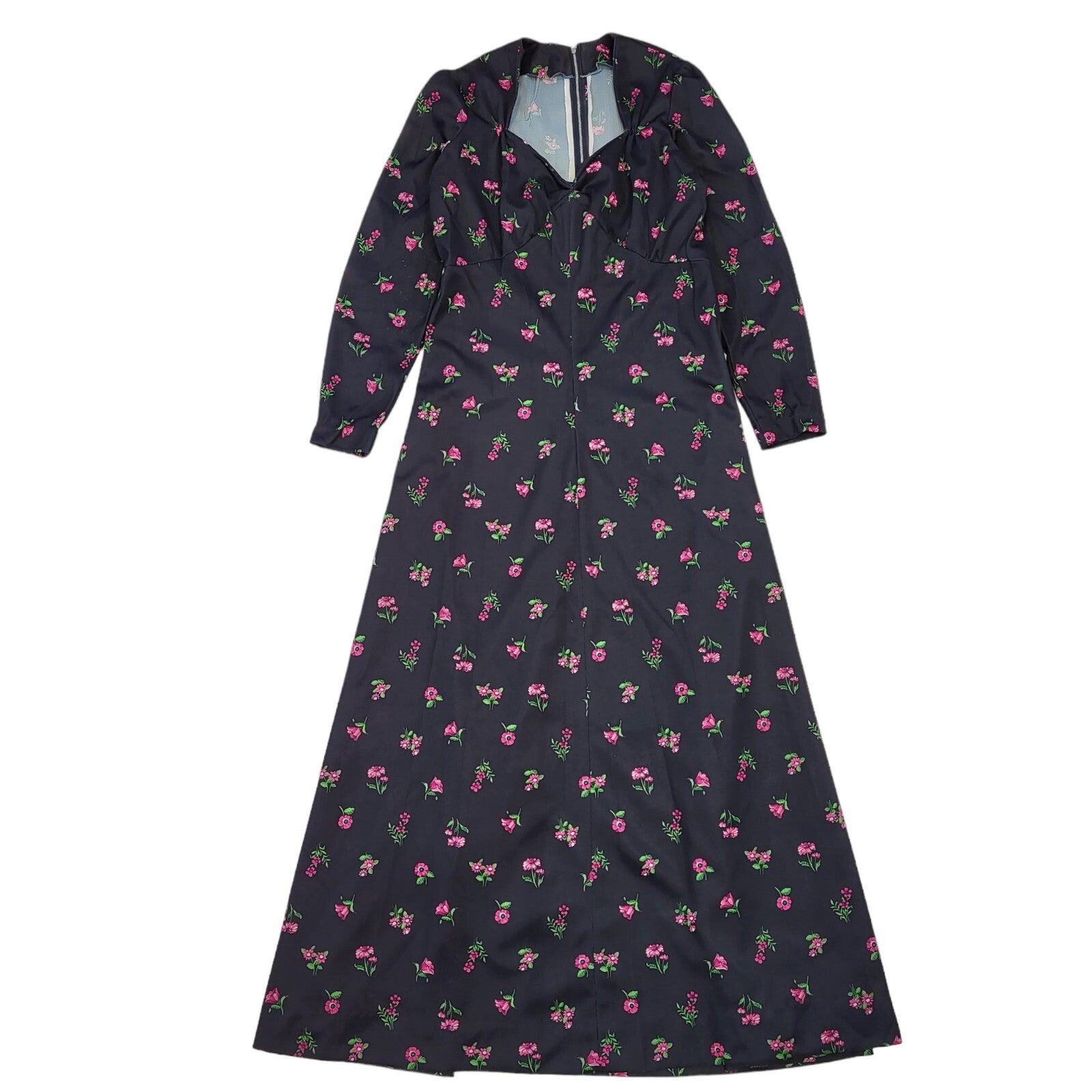 70s Vintage Black & Pink Floral Maxi Dress Women's Size 16 Eu 44