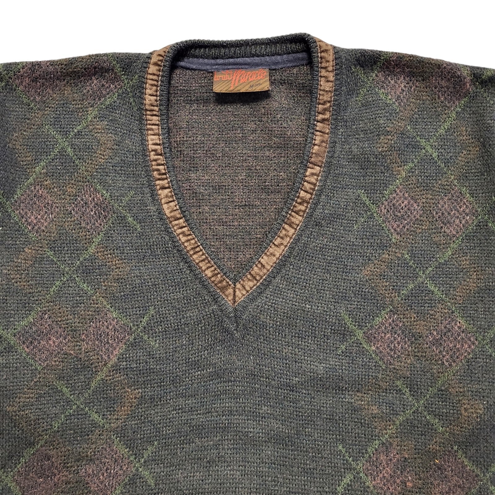 Miracle Vintage 80s Brown Geometric V-Neck Jumper Men's UK XL