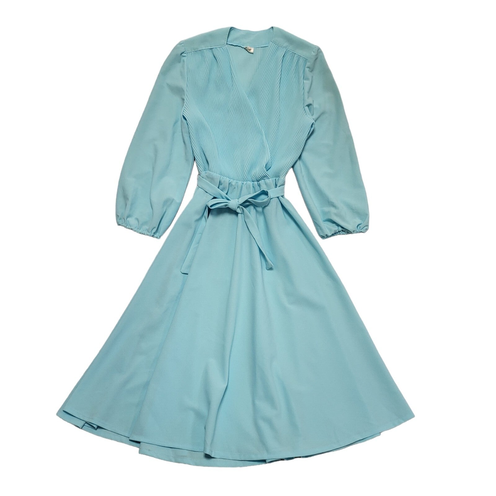 70s Vintage Turquoise Wrap Belted Long Sleeve A-Line Daywear Dress Women's 8