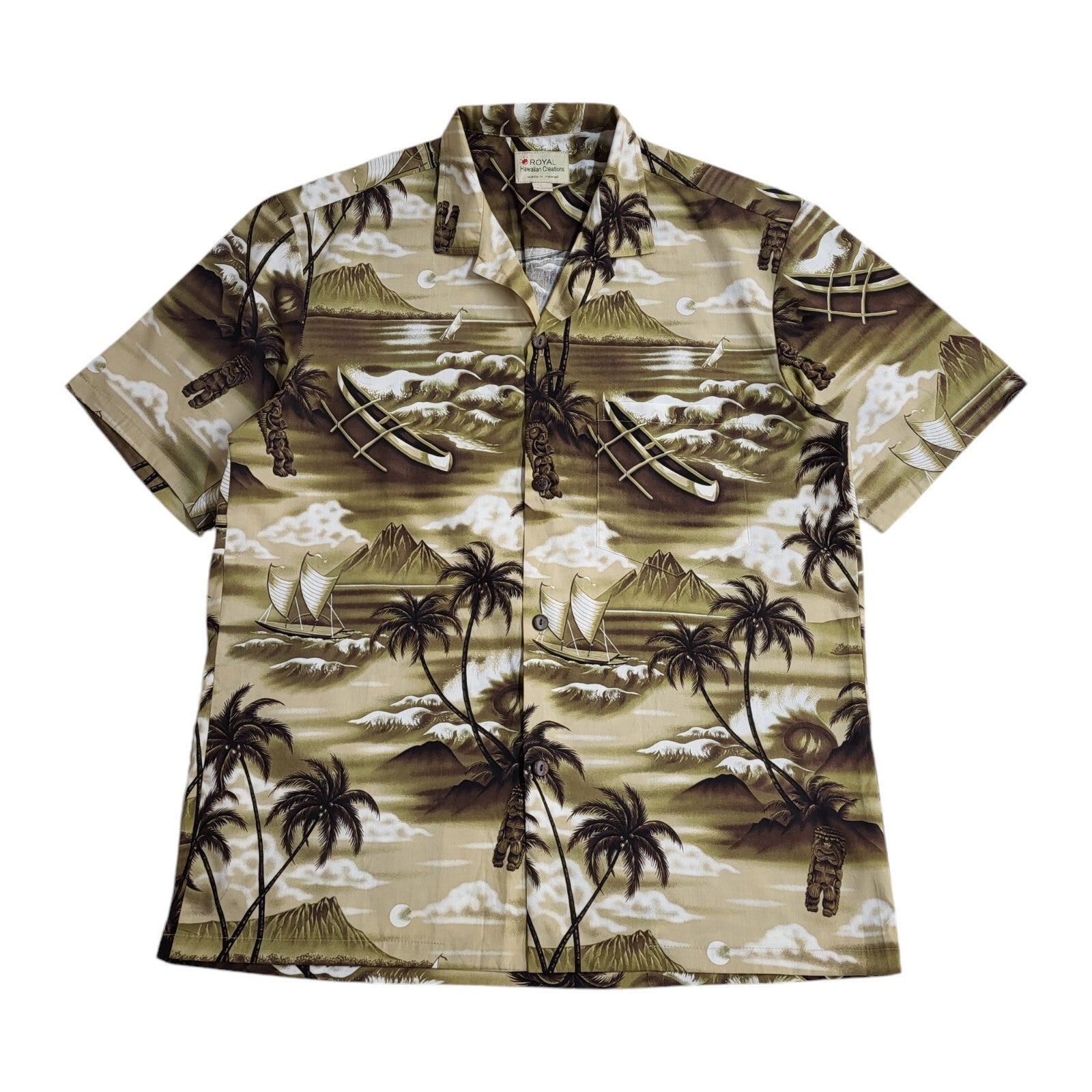 Royal Hawaiian Palm Tree Print Brown Short Sleeve Shirt Men's UK Size L