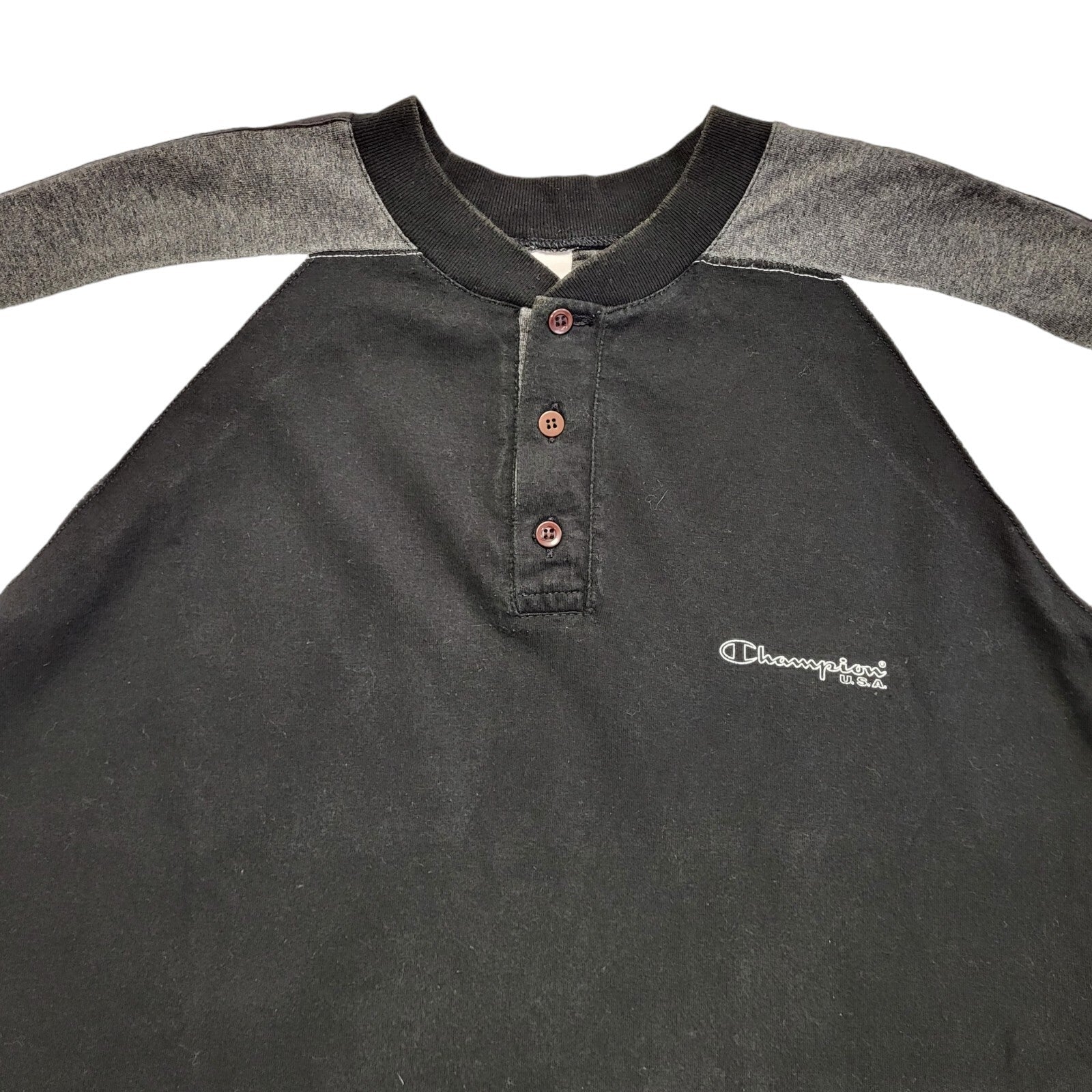 Chamipion Vintage 90s Grey & Black Henley Short Sleeve T-Shirt Mens UK Size XL