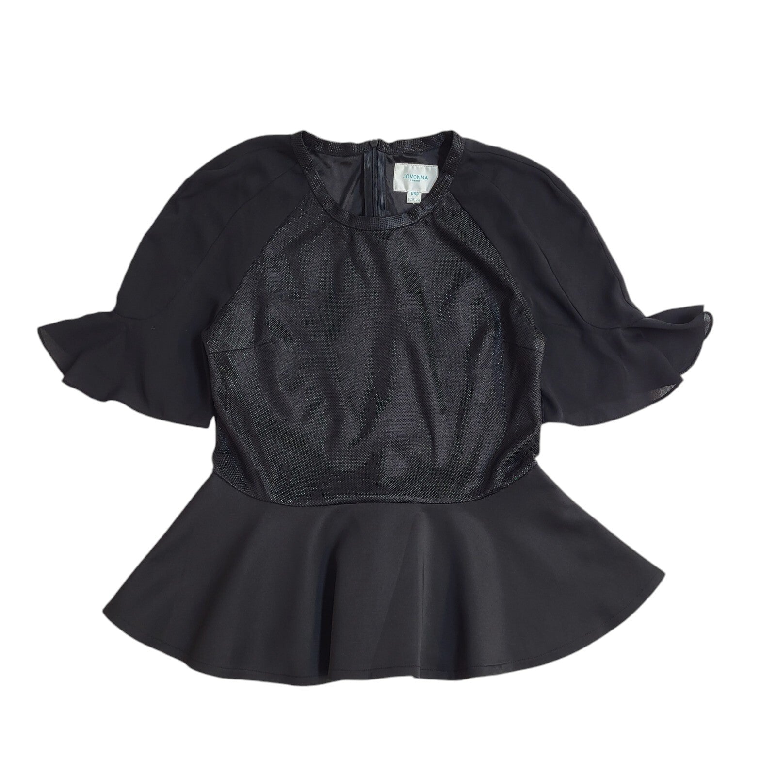 Jovanna Vintage 90s Black Short Sleeve Peplum Top UK Women's Size 8
