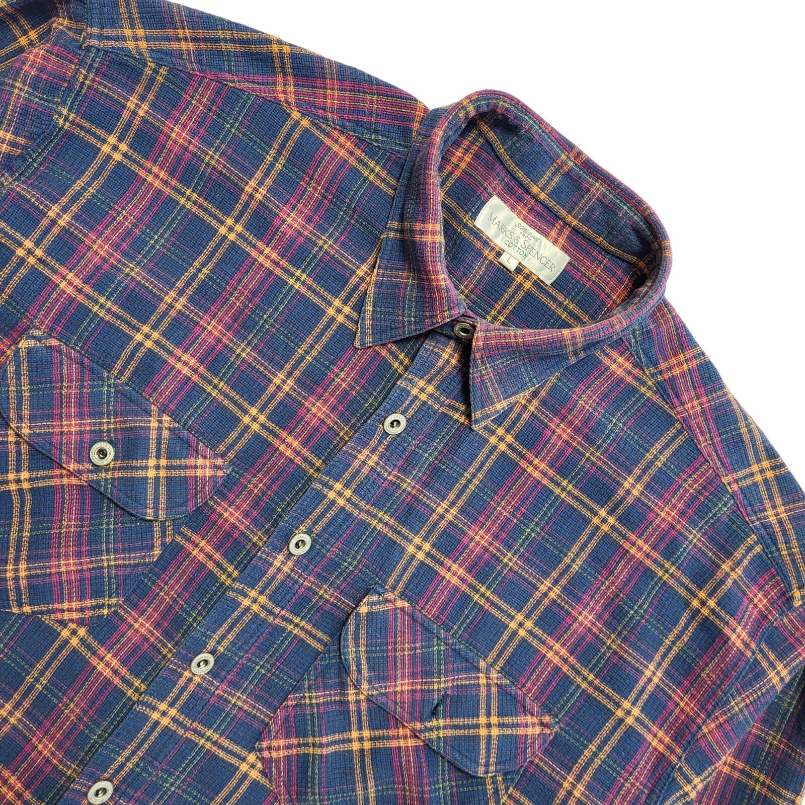 Marks & Spencer Vintage 90's Blue Pink Check Long Sleeve Shirt Men's UK L