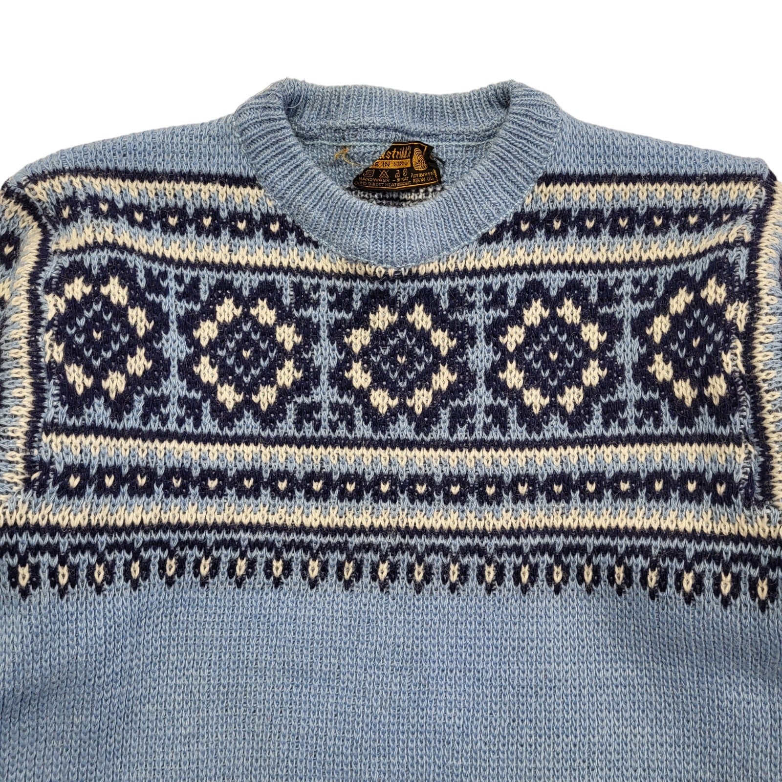 Vintage 80's Blue Geometric Nordic Norway Wool Jumper Uk Women's Size Small
