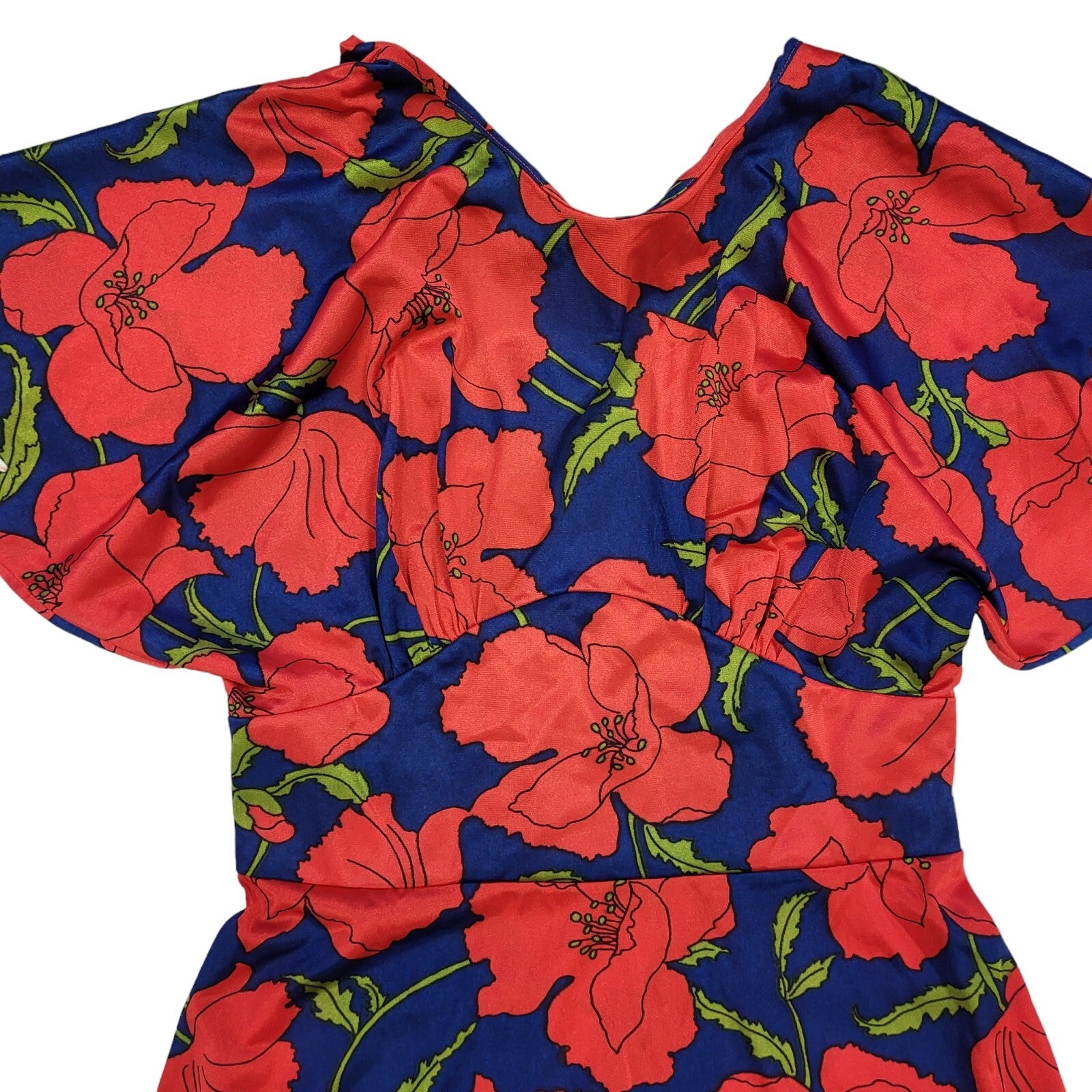 70s Vintage Red & Blue  Floral Flutter Sleeve Maxi Dress Women's 8