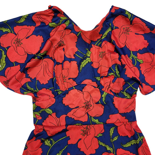 70s Vintage Red & Blue  Floral Flutter Sleeve Maxi Dress Women's 8