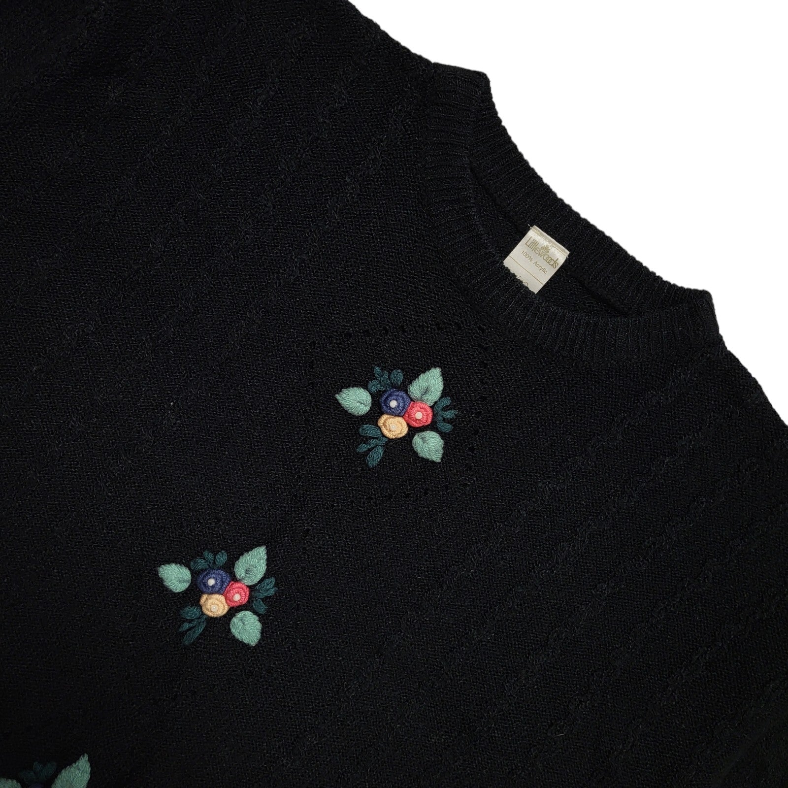 Littlewoods Vintage 80's Black Floral Knit Jumper UK Womens Size 14/16