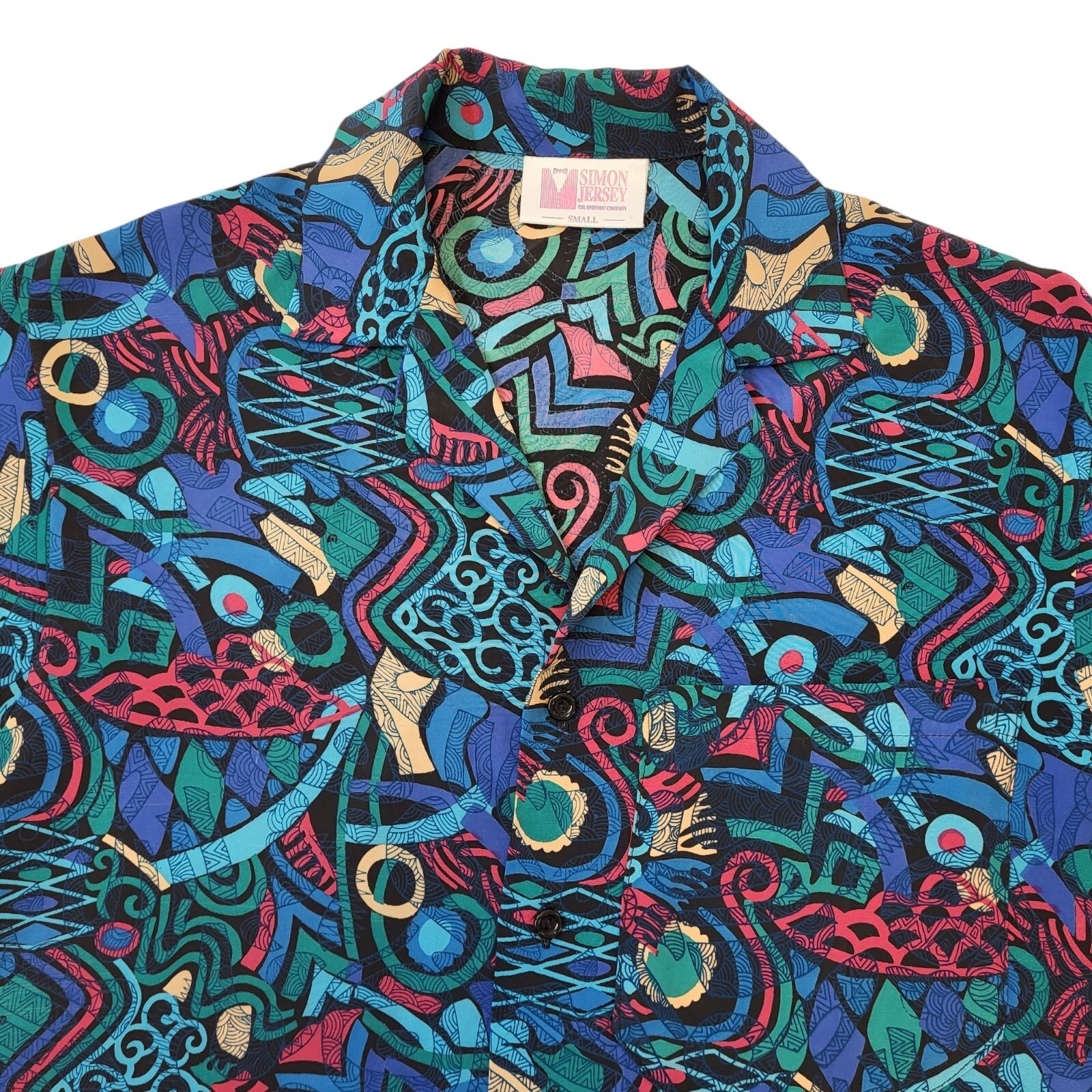 Simon Jersey 90s Vintage Blue Abstract Short Sleeve Shirt Men's Size S